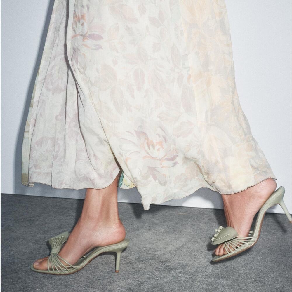 Zara Sage Green Rosette Mule Heels Strappy Sandals NWT - Picture 9 of 16